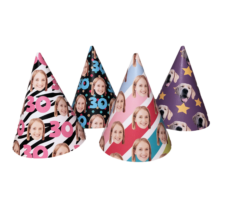 an assortment of colorful party hats with persons face and age in a variety of background patterns