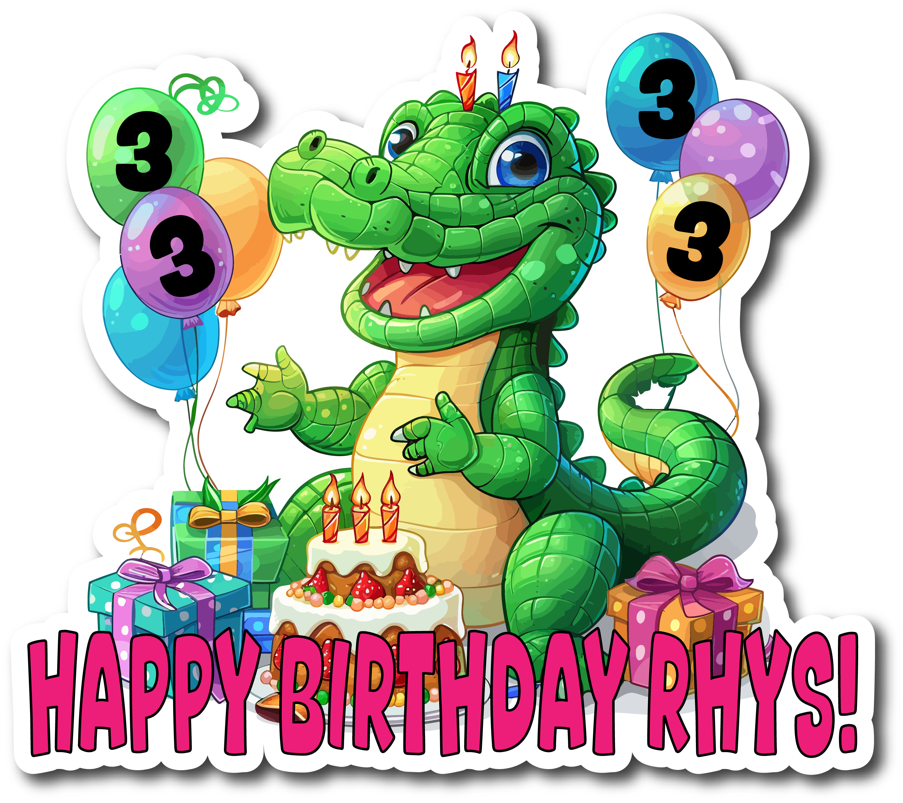 green alligator with a birthday cake and balloons