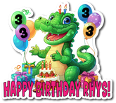 green alligator with a birthday cake and balloons