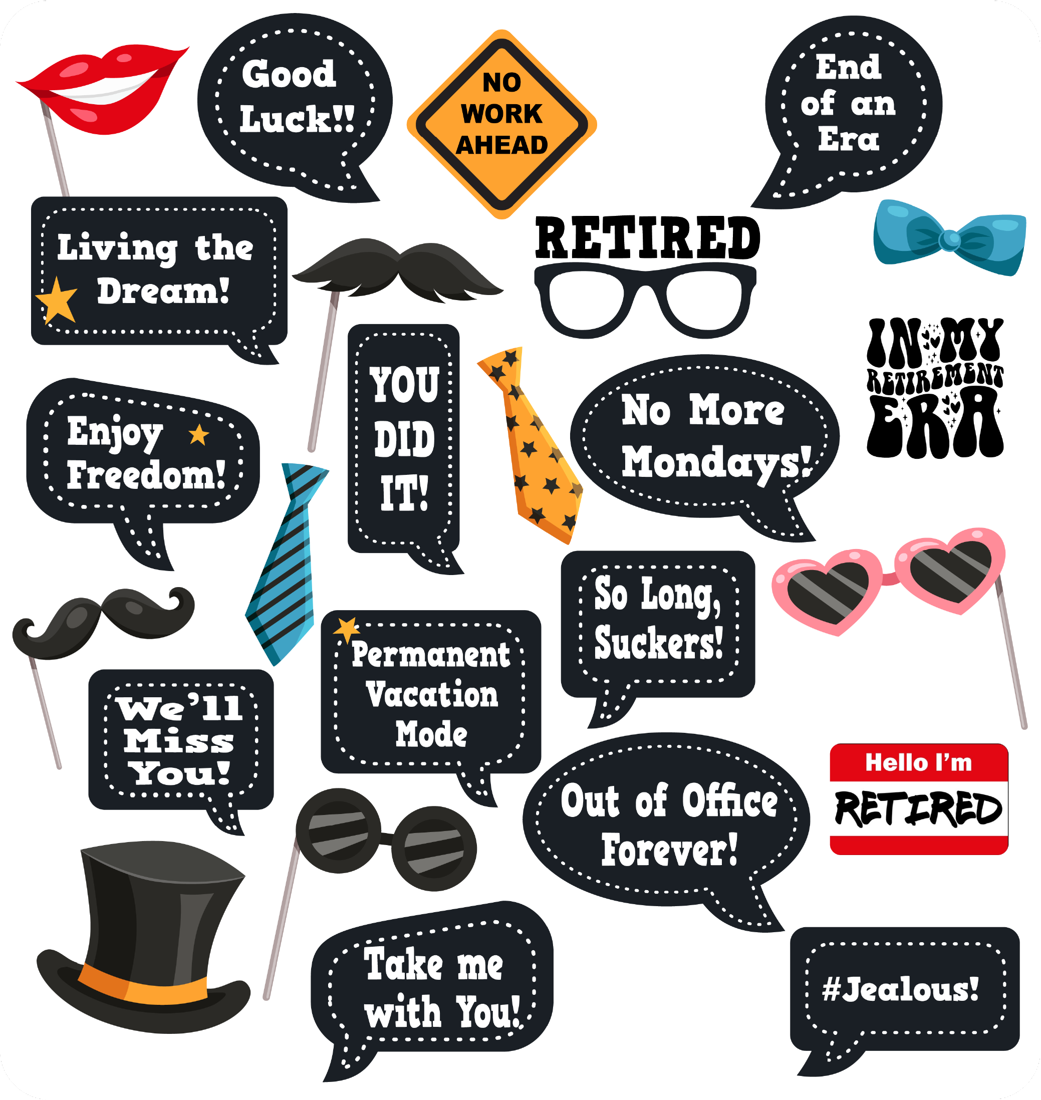 Various graphics with funny slogans for retirement