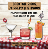 custom party decor cocktail picks party straws and drink stirrers in glasses on checkered table and wood panel wall background