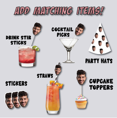 Promotional graphic for personalized drink accessories with faces on stir sticks, straws, and cupcake toppers.