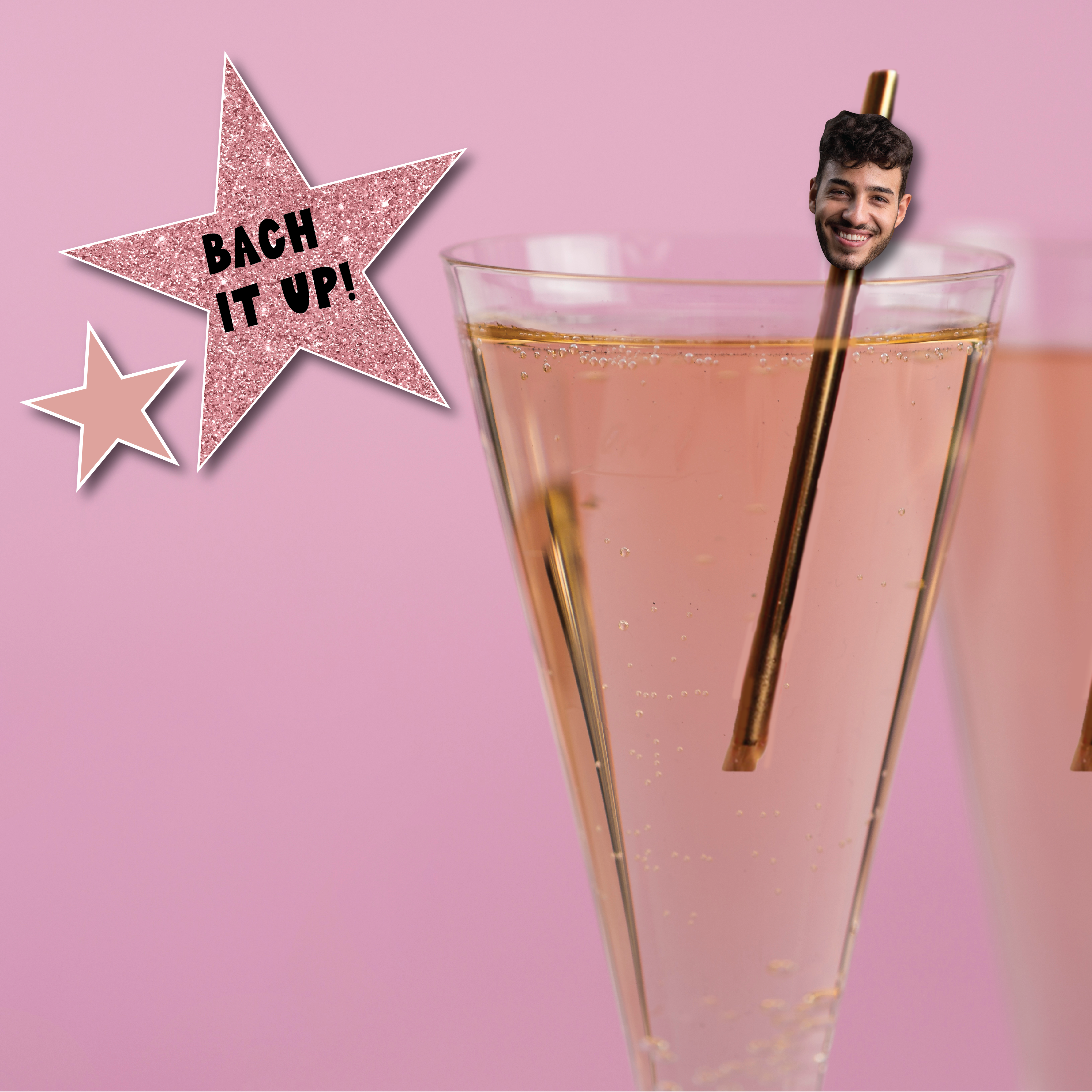 Two glasses of pink liquid with novelty straws featuring faces on a pink background with 'Bach It Up!' text.