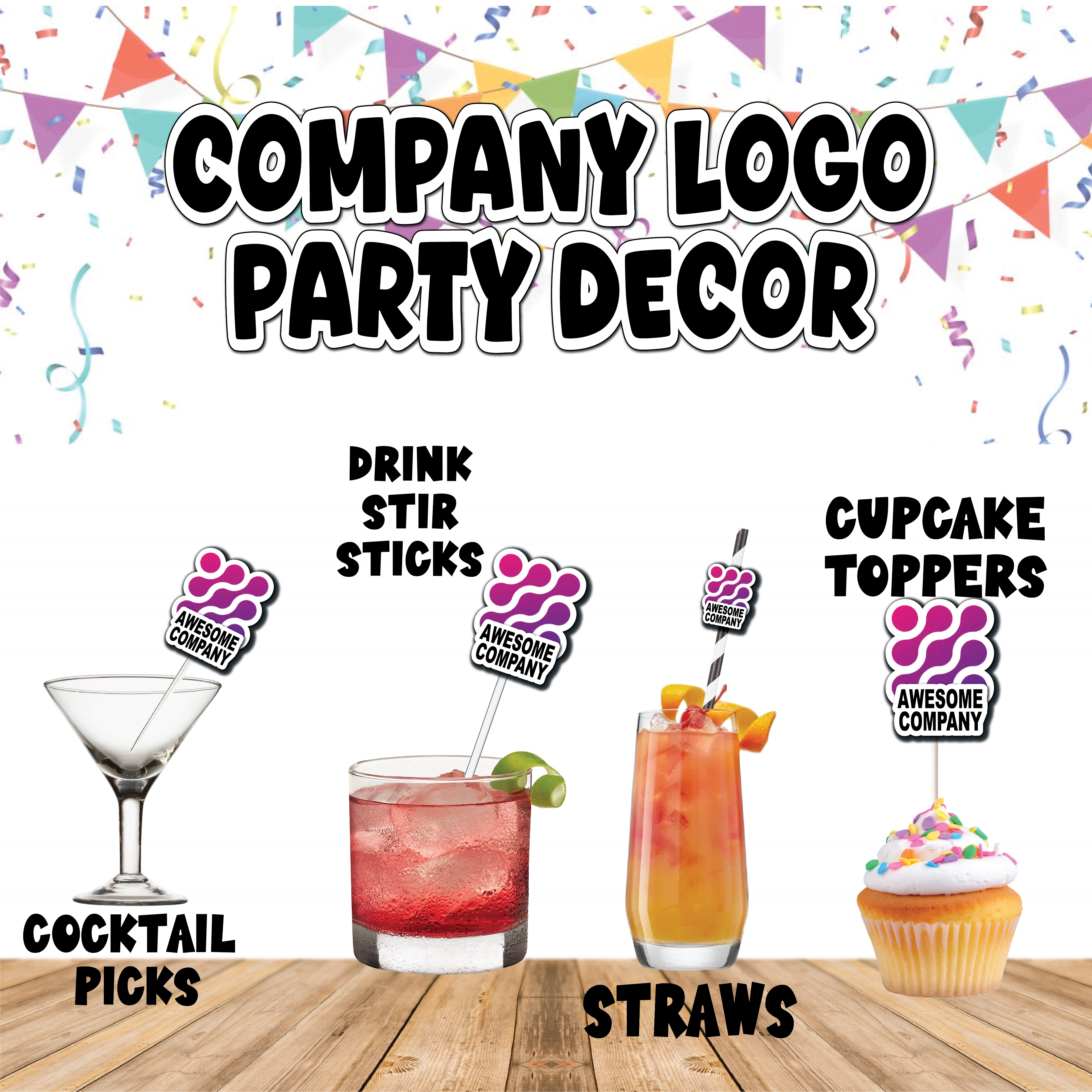 text reading "Company Logo Party Decor" with various graphics for customization on drink accesorries