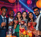 A group of friends holding drinks featuring matching logo stir sticks