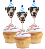 Three cupcakes with dog faces wearing party hats, indicating a dog birthday celebration.