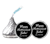 Customized Hershey Kiss label with a retirement theme, featuring the text 'HAPPY RETIREMENT' and a date 'JULY 10, 2026'.
