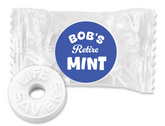 a mint package with a custom blue circular sticker with "Bob's retire MINT" text in white