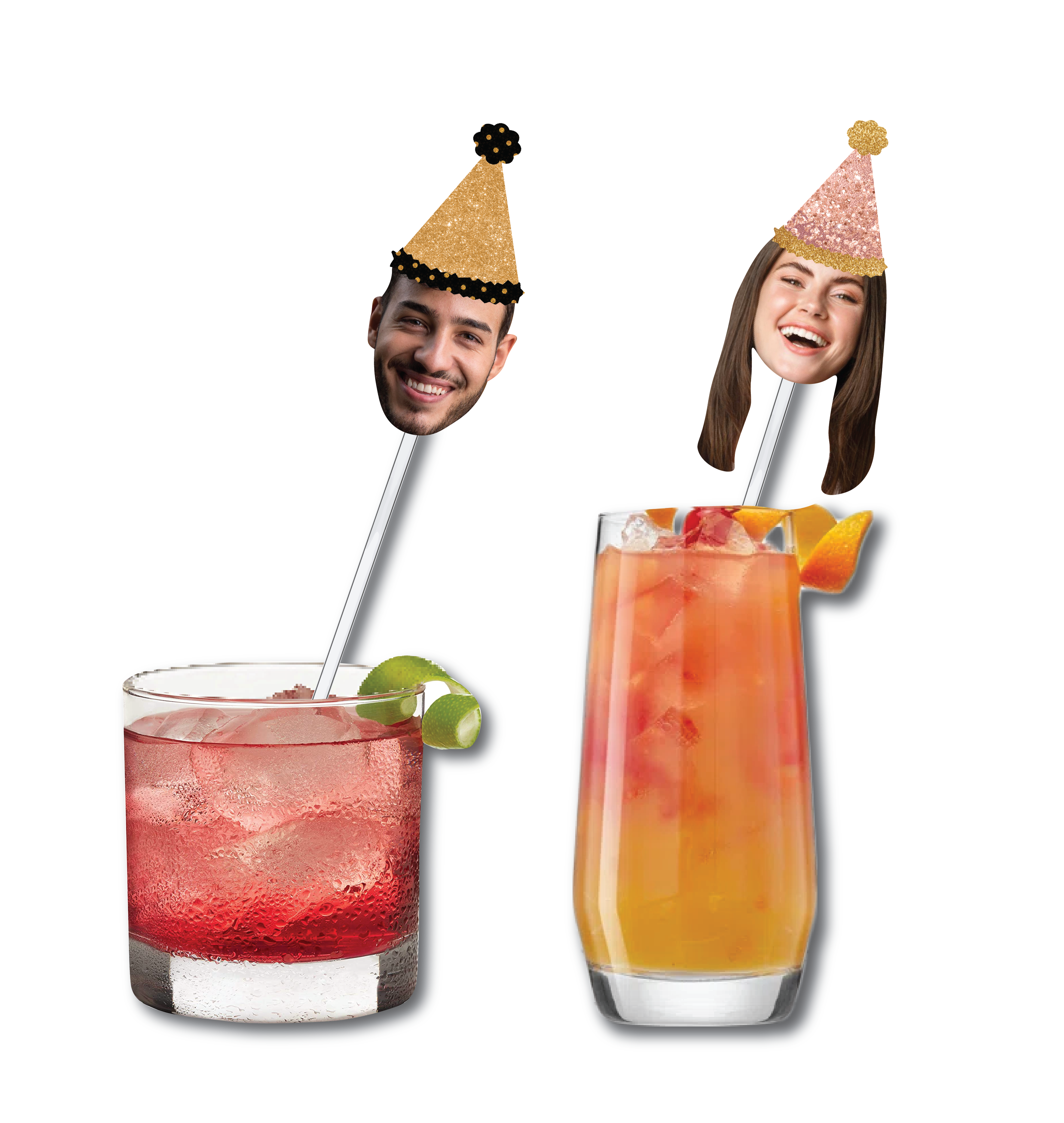Two cocktails with face-shaped straws featuring smiling faces, one with a red drink and the other with an orange drink.