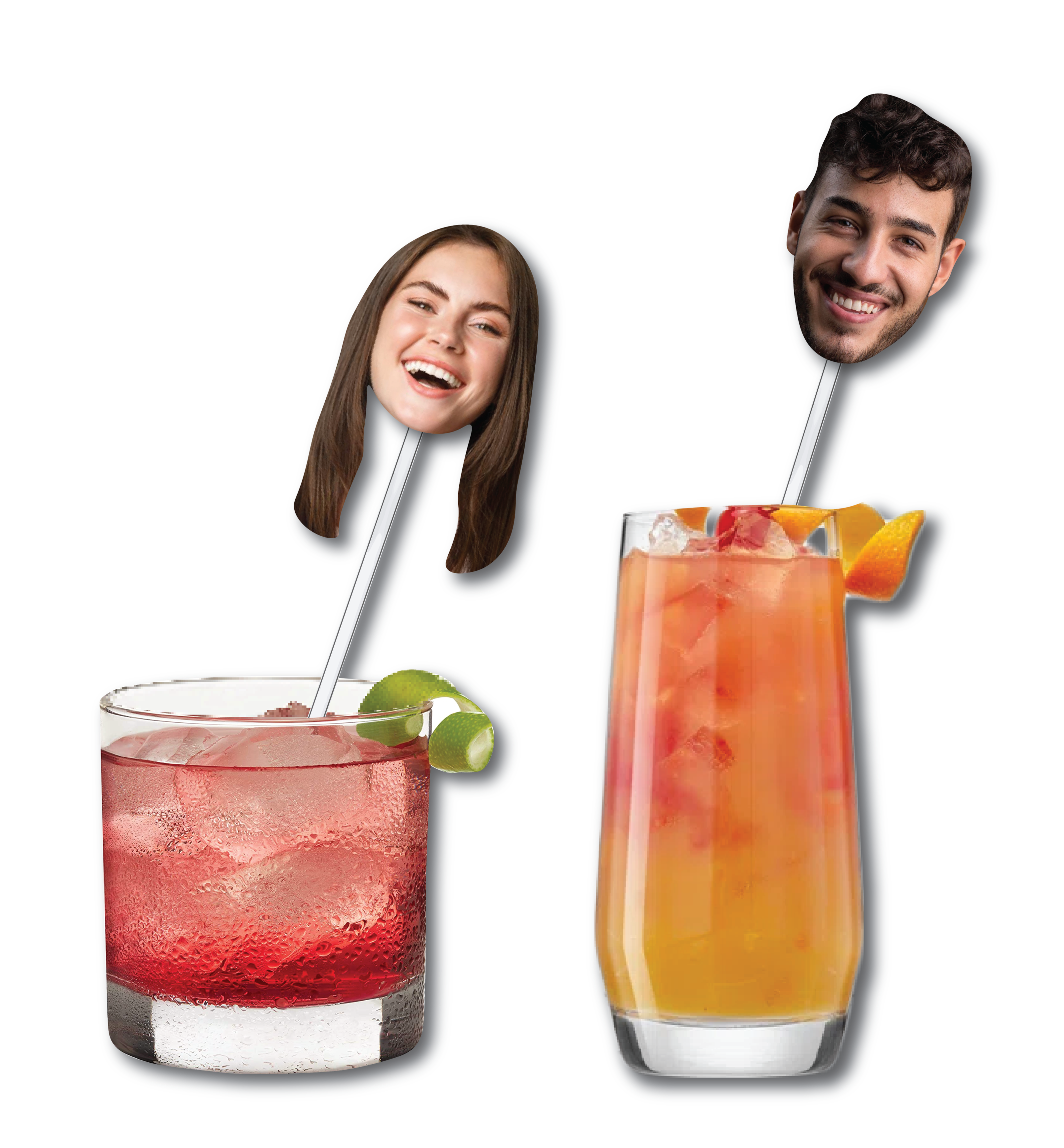 Two cocktails with face cutouts of a woman and a man on straws.