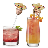 woman's face with a sombrero in a cocktail glass man's face cut out with a sombrero hat on a drink stir stick