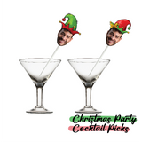 Two cocktail glasses with elf-themed cocktail picks featuring faces, labeled 'Christmas Party Cocktail Picks'.
