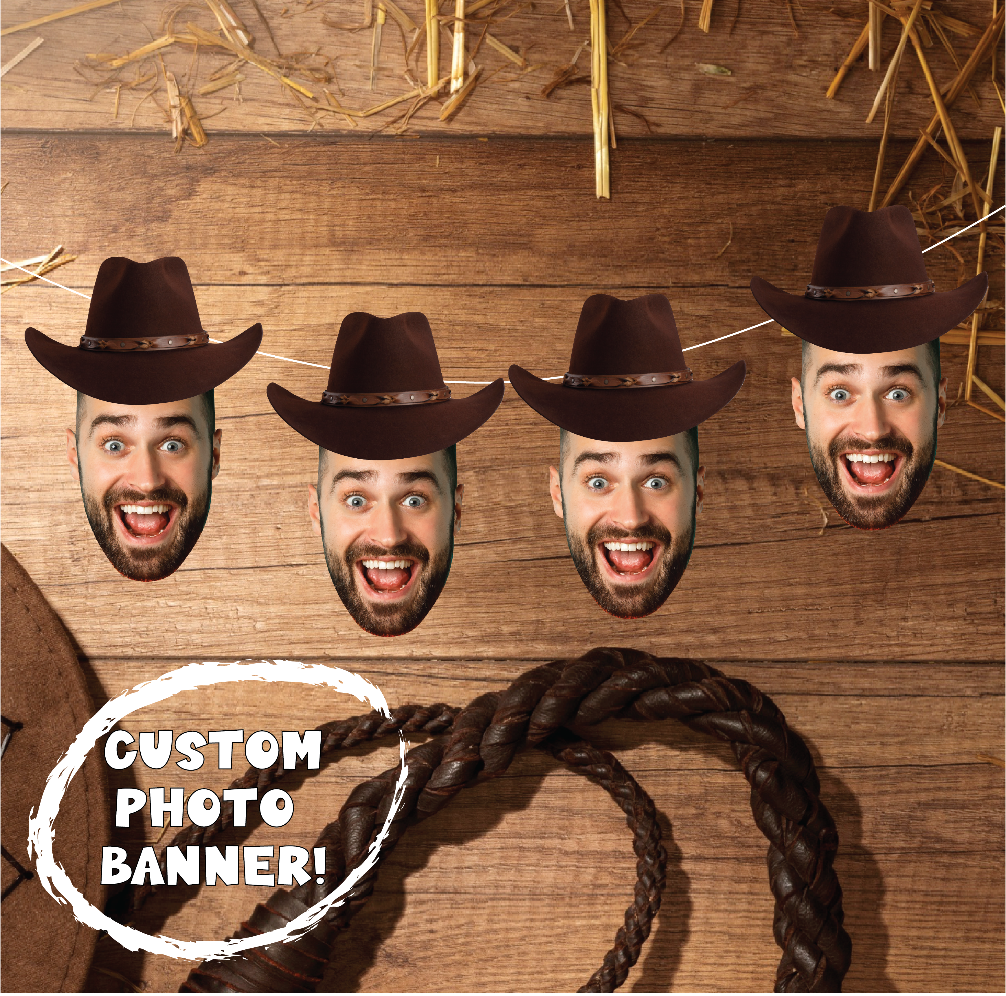 funny face photo man with a surprised face and brown cowboy hat on wood background featuring brown rope and straw western theme