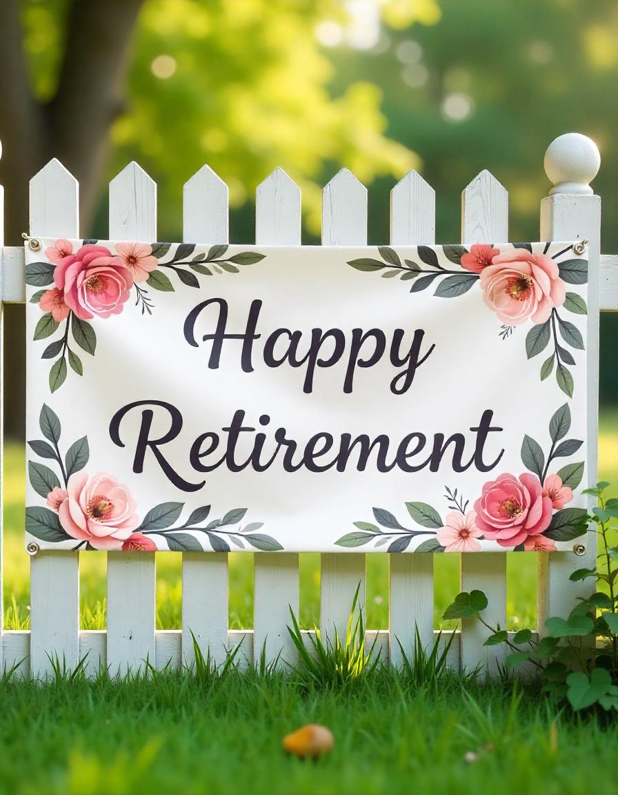 A personalized vinyl banner with floral decorations, displaying the text 'Happy Retirement'.