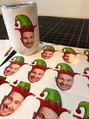 Christmas Face Photo Stickers - Elf or Santa hat, Waterproof - 3" Custom Printed Vinyl Stickers- Personalized - Funny holiday Decor