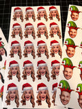 Christmas Face Photo Stickers - Elf or Santa hat option on a woman and man's heads