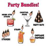 Party bundle items including drink stir sticks, cocktail picks, party hats, straws, stickers, and cupcake toppers on a white background.