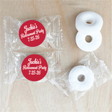 mints beside mint wrappers featuring custom stickers reading "Jackie's retirement party 7-25-26" on a red sticker