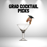woman wearing a graduation cap on a cocktail pick in a glass
