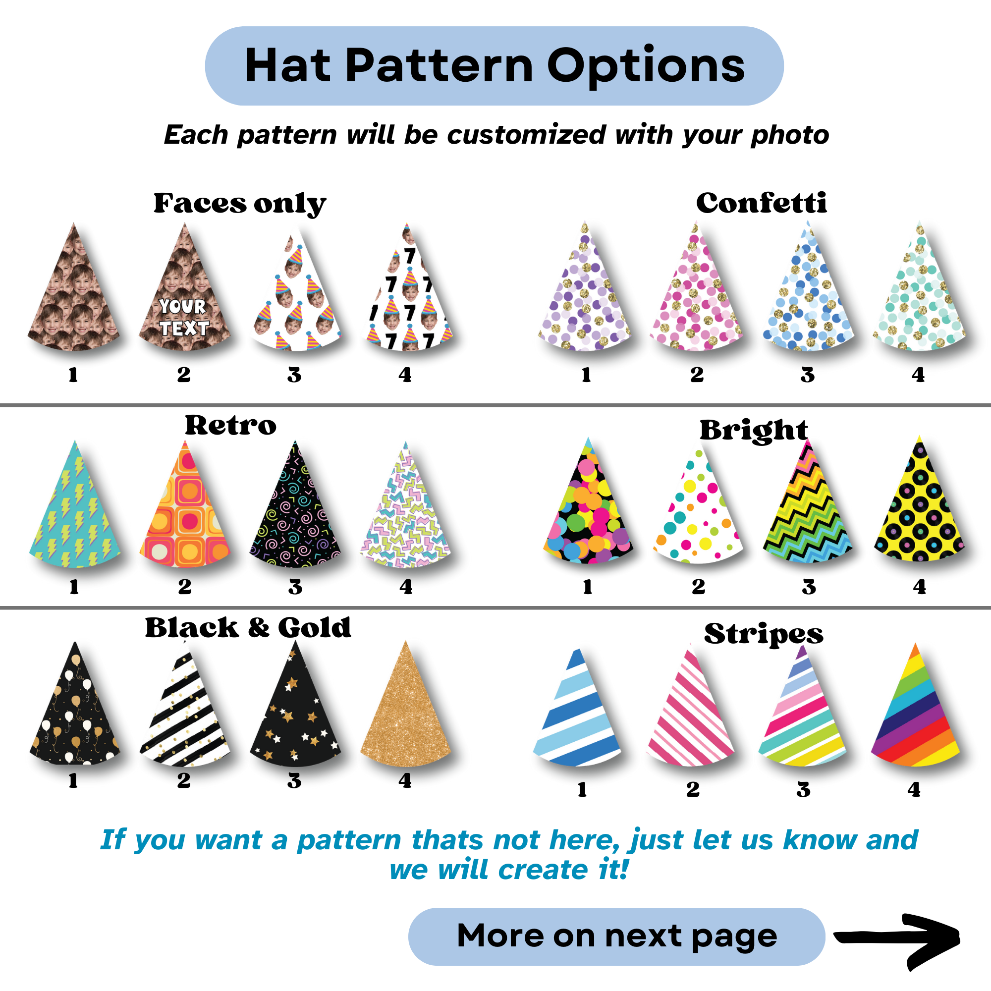 A variety of party hat pattern options to choose from