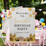 a party entry sign with gold balloons reading "Welcome to Sarah's Birthday Party" in a backyard with colourful balloons