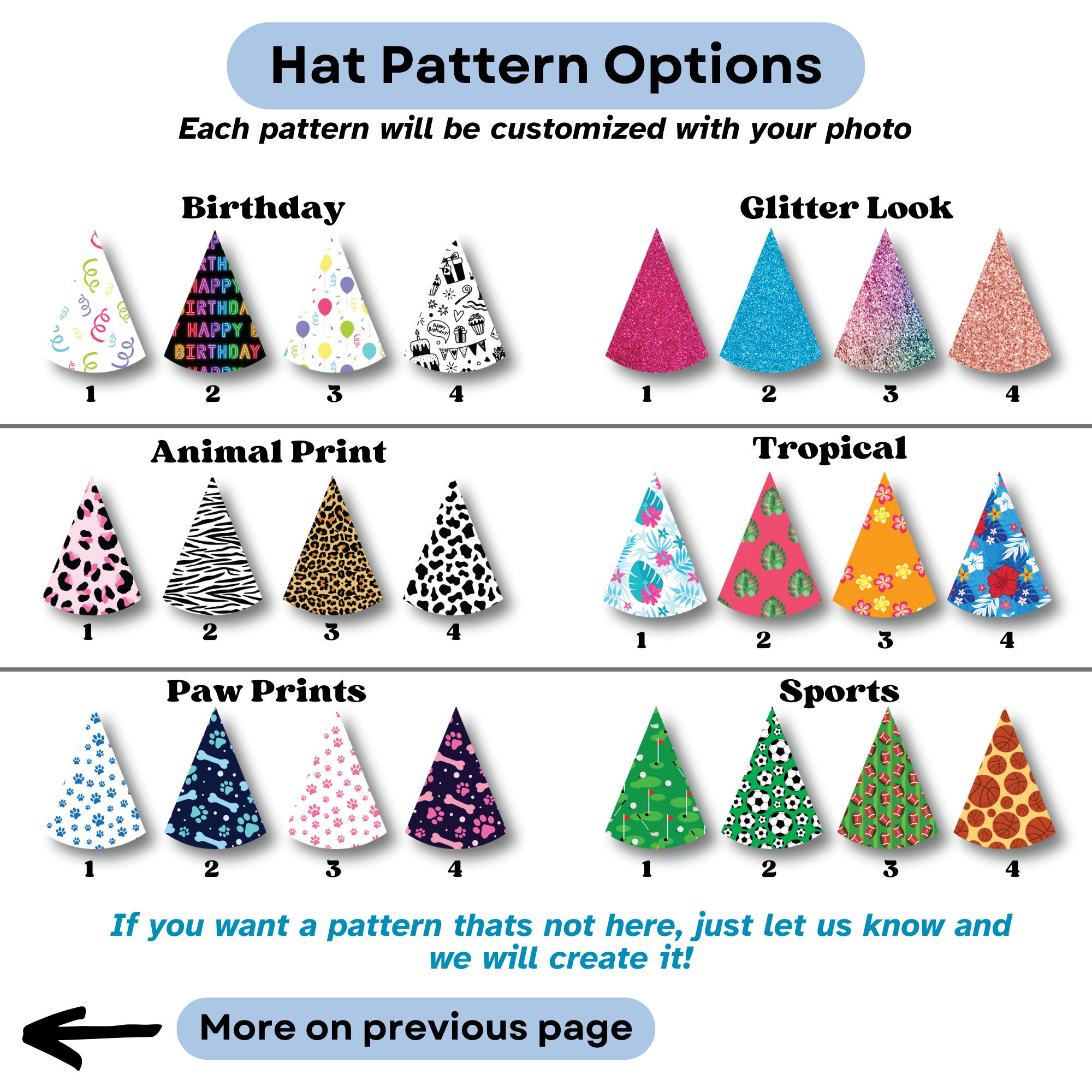 A variety of party hat pattern options to choose from