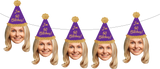 blond woman wearing a purple party hat that says "I'm 50 Bitches!" 