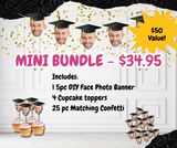 mini bundle outline includes diy face photo banner, cupcake toppers & matching confetti text with a graduate banner, cupcake toppers & matching confetti
