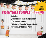 essentials bundle text in pink on white background with gold glitter confetti and a strung banner of a man in a grad cap