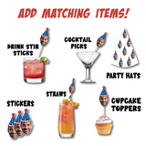 Promotional graphic for party supplies including drink stir sticks, cocktail picks, straws, stickers, and cupcake toppers with a face design.