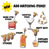 matching items of a mans face cut out wearing a sombrero and a surprised expression on various party supplies