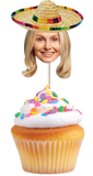 blond woman wearing a sombrero on a stick stuck into a cupcake