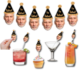 A collection of photo banner decorations for a retirement party, featuring various pieces with a person's face edited onto a straw hat, displayed in different party settings such as with drinks and desserts.