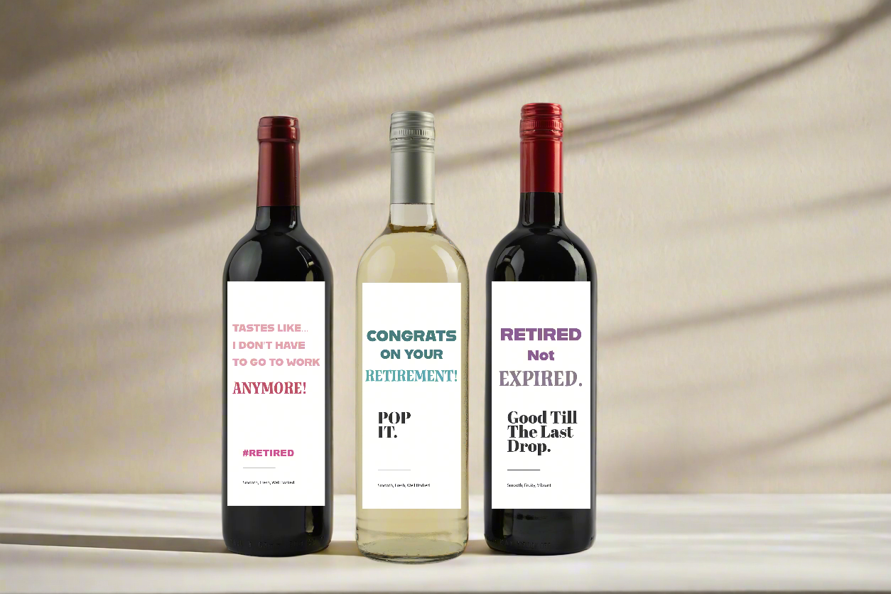 Three wine bottles with humorous labels on a neutral background