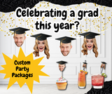celebrating a grad this year text and custom party packages text in yellow funny faces with grad caps strung banner on white background with gold glitter confetti