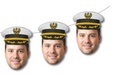 Banner including five faces with person wearing a captain's hat with a white background