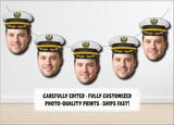 Five images of a man wearing a captain's hat with text about photo-quality prints.