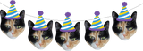black and orange cat face cut out with a striped party hat in purple, yellow, blue and white hanging on a string
