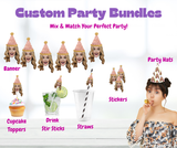 An advertisement image for a custom party bundles service, featuring a variety of party accessories such as hats, banners, straws, cupcake toppers, drink stir sticks, and cocktail picks, displayed alongside a visual of a woman holding a party hat.