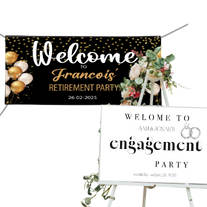 Two party signs for a retirement and engagement celebration on a white background.