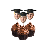 Custom photo cupcake toppers printed with images of three individuals wearing graduation caps, attached to lollipop sticks, against a background image of cupcakes with chocolate frosting.