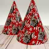 red party hats with a ho ho ho pattern, snowflakes and a french bulldog