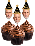 Custom photo cupcake toppers printed with a person's face, attached to lollipop sticks, celebrating retirement.