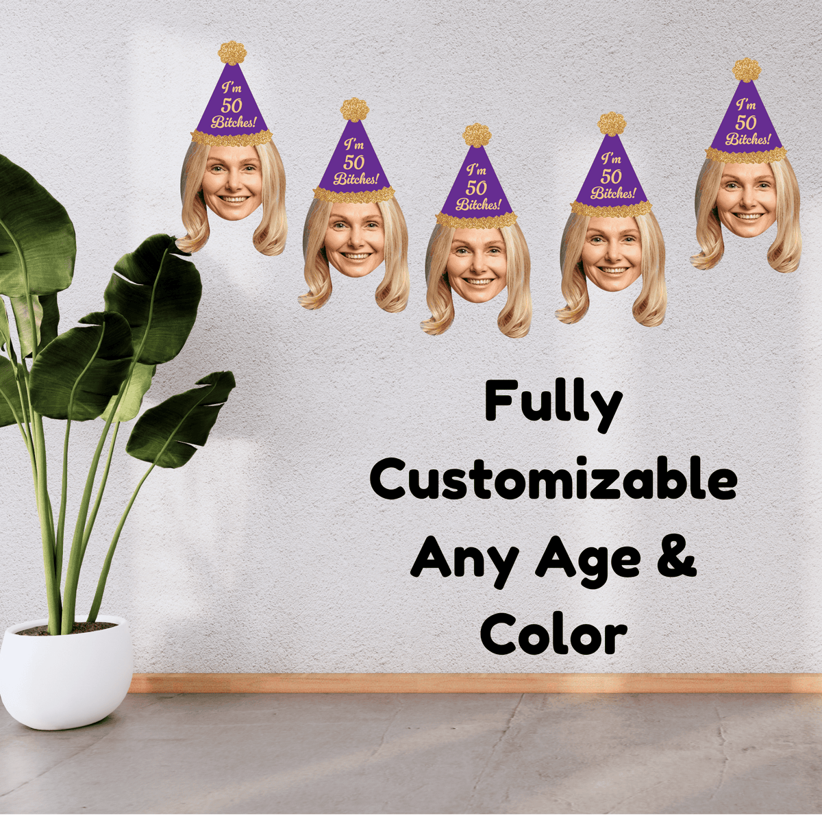 fully customizable any age & color face photo banner hanging with plant on a white background