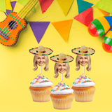 woman wearing a sombrero on cupcakes with sprinkles colorful streamers and guitar in background
