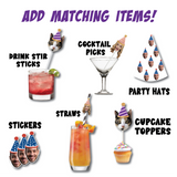 Collection of party supplies including drink stir sticks, cocktail picks, party hats, straws, stickers, and cupcake toppers on a white background.