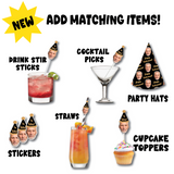 Add matching items text with a variety of party items in use below on a whit ebackground