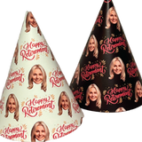 Two custom printed party hats with photos and text 'Happy Retirement', one with a white background and one with a black background.