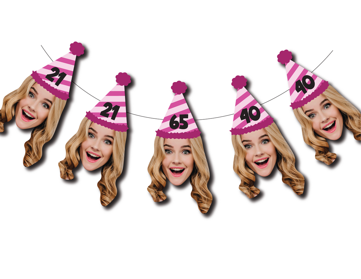 Personalized Birthday Face Photo Banner - Fully customized age & hat style