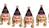 blond woman wearing a black and pink party hat reading "The Queen Has Retired"